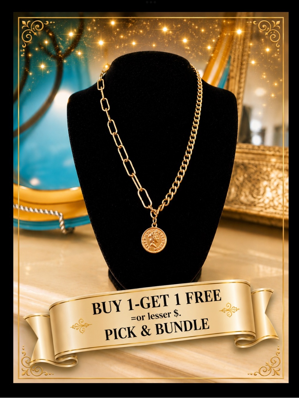 Adornia Coin Pendant/Necklace w/14K Gold Plated Mixed Links Chain